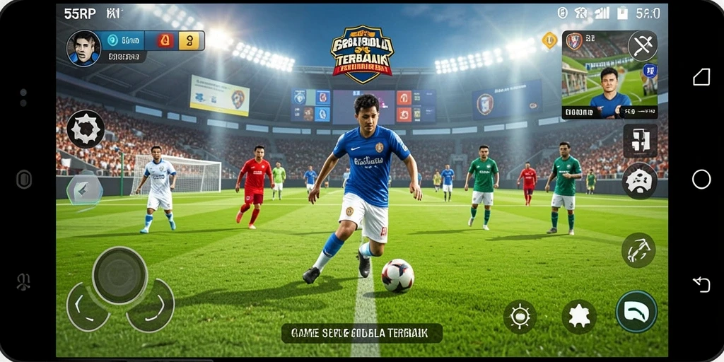 Tangkapan layar permainan 55RP menampilkan aksi seru di lapangan sepak bola.