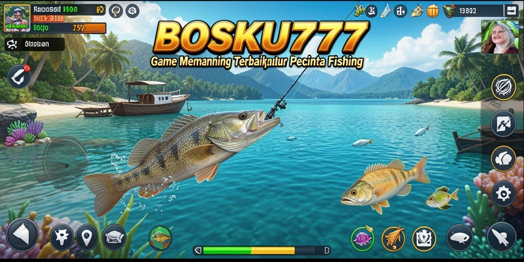 Screenshot gameplay <strong>BOSKU777</strong> menampilkan aksi seru memancing di danau.