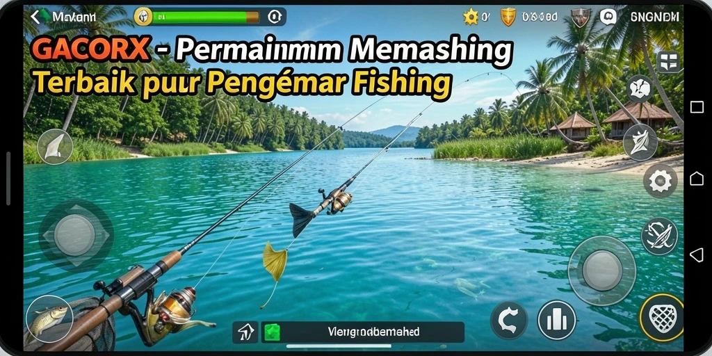 Screenshot gameplay GACORX menampilkan berbagai ikan dan lokasi memancing.