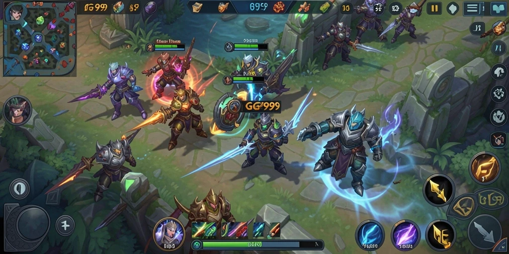 Tangkapan layar utama GG999 menampilkan pertempuran seru di arena MOBA.