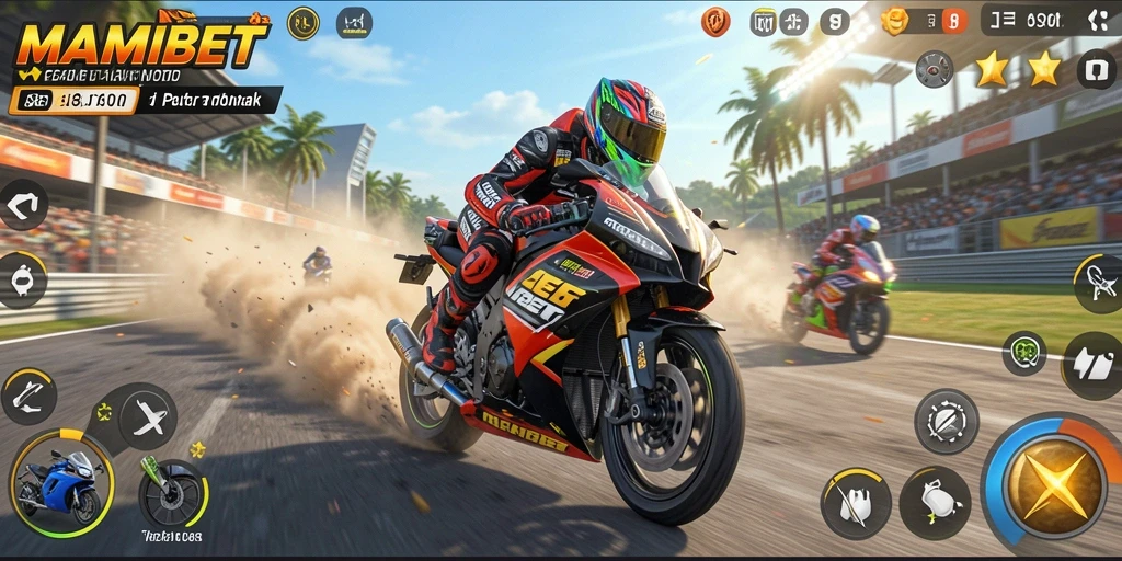Tangkapan layar utama MAMIBET yang menunjukkan aksi balapan motor yang mendebarkan.