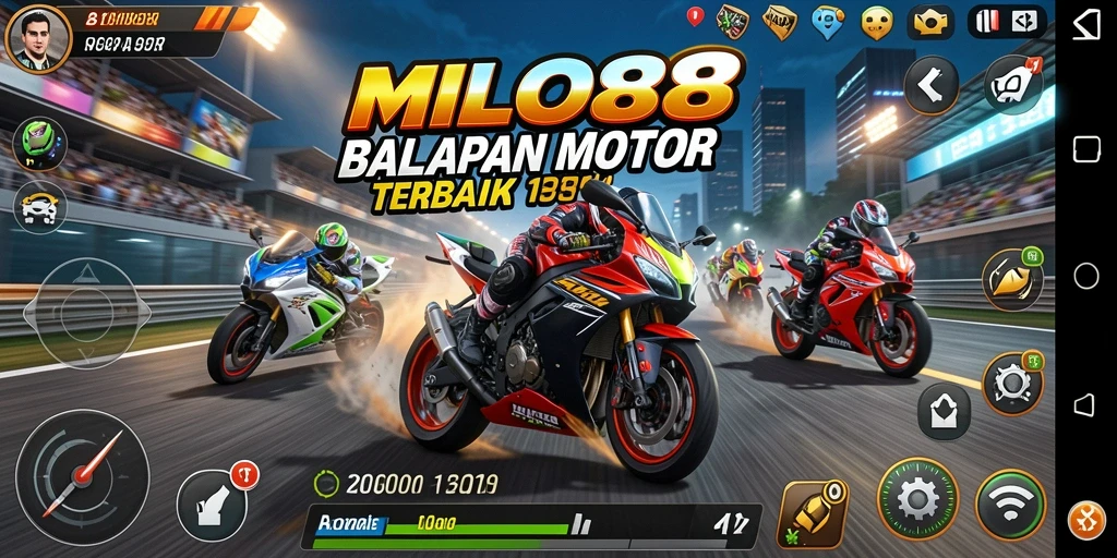 Screenshot gameplay menampilkan aksi balapan motor yang seru.