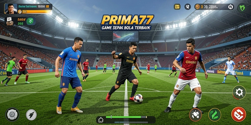 Tampilan gameplay PRIMA77 dengan aksi sepak bola yang mendebarkan.