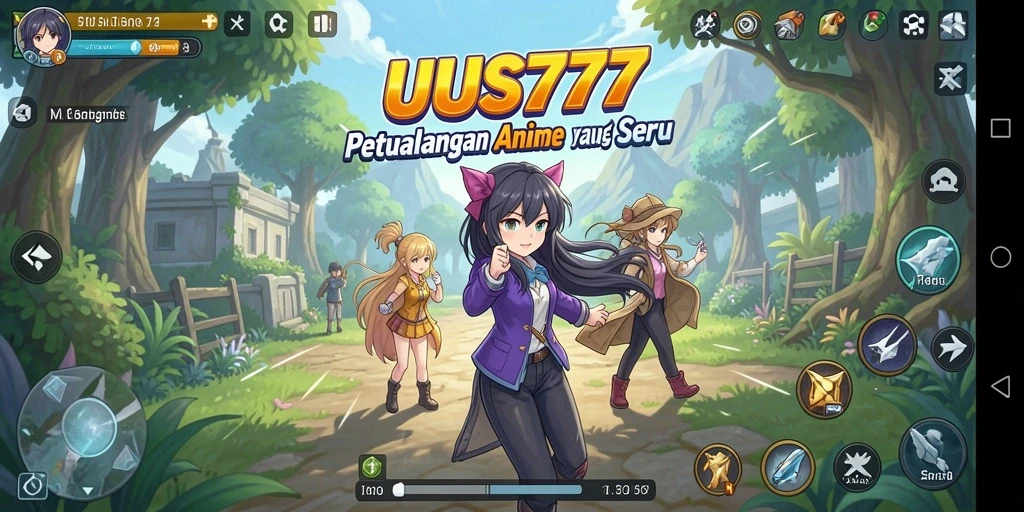 Gambaran gameplay UUS777 dengan karakter anime yang beraksi.